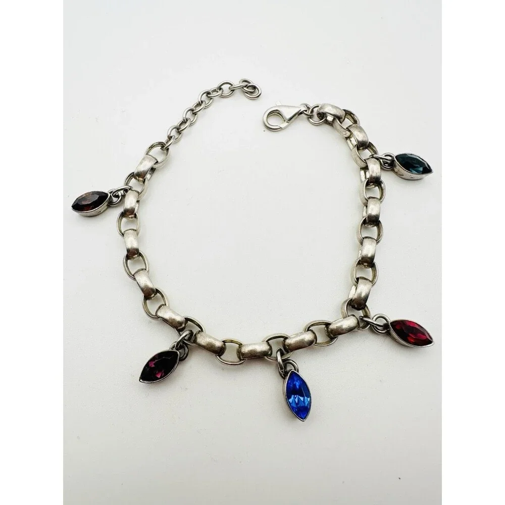 925 Silver Oval Chain Crystal Charm Bracelet Engraved Dream Love 9” 29.52gr